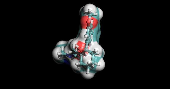 Tramadol, drug for management of moderate to severe pain in adults, 3D molecule spinning on Y-axis, 4K