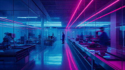 A long-exposure photography capturing the futuristic environment of a chip manufacturing facility, bathed in the glow of neon lights