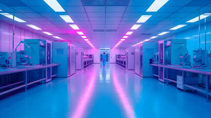 A long-exposure photography capturing the futuristic environment of a chip manufacturing facility, bathed in the glow of neon lights