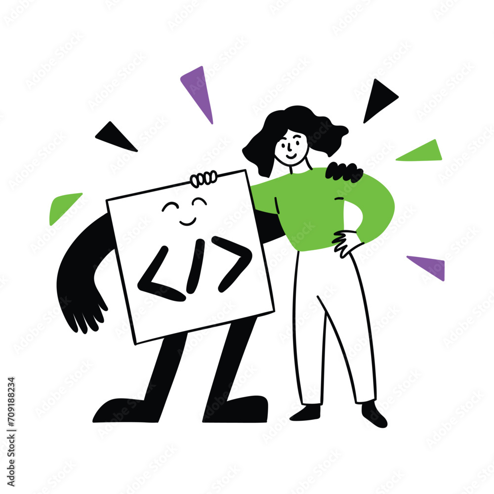 Poster cartoon color web development concept scene with character girl and code mascot flat design style. v
