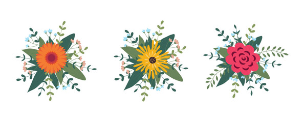 Set of flowers arrangement isolated on background. Flat illustration. Perfect for cards, invitations, decorations, logo, various designs