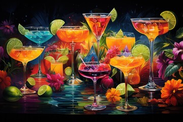 colorful tropical margarita cocktails at party at mexican bar and restaurant creative poster - obrazy, fototapety, plakaty