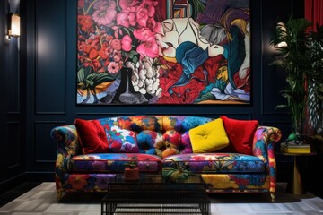 maximalist style eclectic vibrant colorful interior with couch or sofa and wall decoration. Hotel hall, artist's living room, coworking, clinic waiting lounge room.