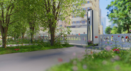 EV car charger station in big city, This picture is 3d illustration rendering