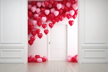 red pink balloons in white minimal interior. Valentines Day celebration romantic surprise.