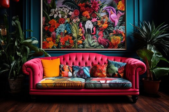 maximalist style eclectic vibrant colorful interior with couch or sofa and wall decoration. Hotel hall, artist's living room, coworking, clinic waiting lounge room.