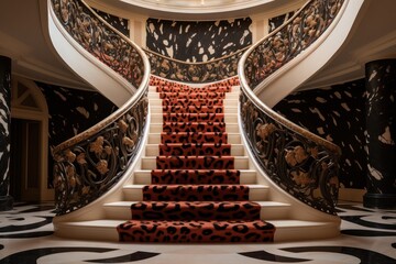 staircase with leopard animalistic print rug in the luxury hotel lobby or rich mansion house, palace - obrazy, fototapety, plakaty