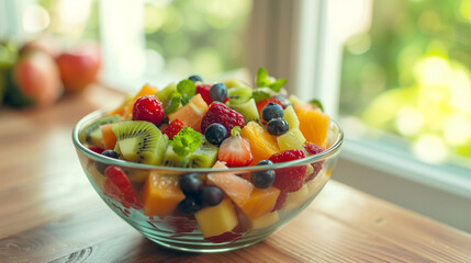 Fresh fruit salad in a glass bowl, healthy food or vegetarian dessert