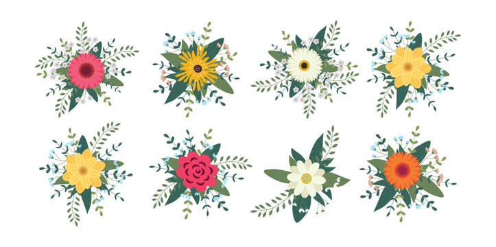 Set of flowers arrangement isolated on background. Flat illustration. Perfect for cards, invitations, decorations, logo, various designs