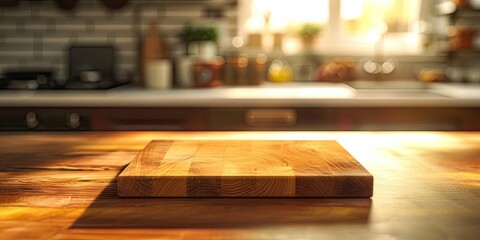 Luxurious kitchen interior. Wooden table and counter set in modern home design creating empty space with blurred background perfect for showcasing food decor and culinary products