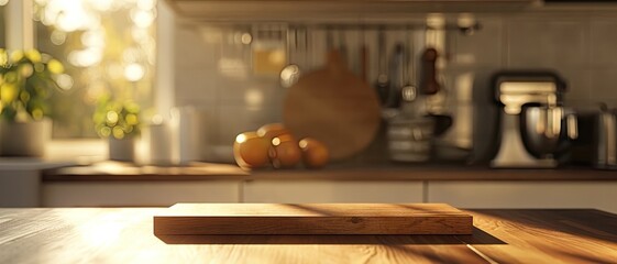 Luxurious kitchen interior. Wooden table and counter set in modern home design creating empty space with blurred background perfect for showcasing food decor and culinary products