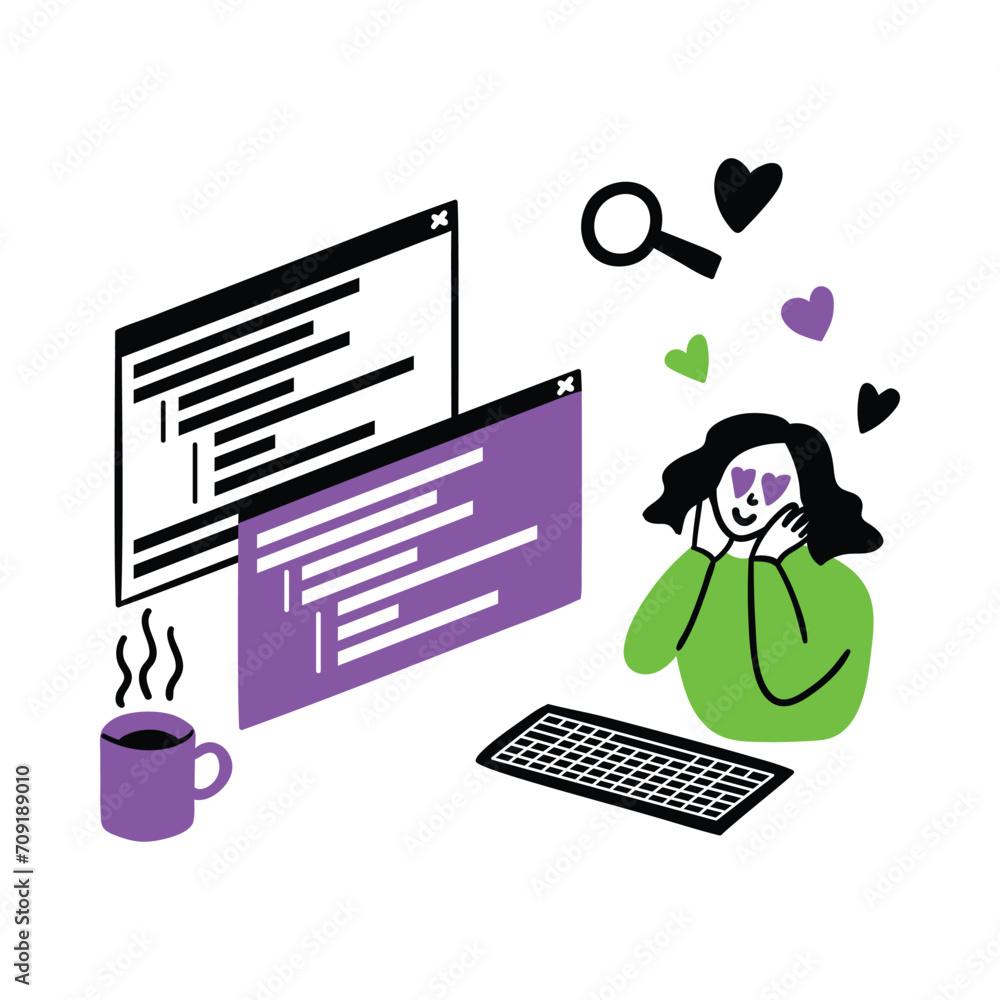 Poster cartoon color web development concept scene with character girl developing software or game flat des