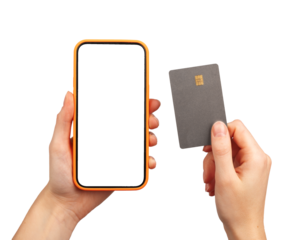 Mobile phone screen mockup, paying with bank app, plastic debit card isolated on white background