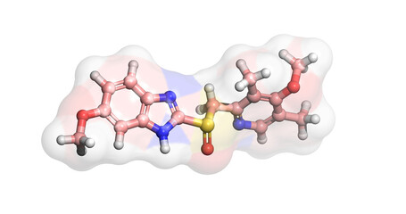 
Omeprazole, drug for treatment of GERD / heartburn and gastric acid hypersecretion, 3D molecule 4K
