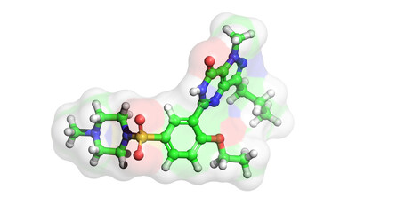 
Sildenafil/Viagra, phosphodiesterase inhibitor for treatment of erectile dysfunction, 3D molecule 4K
