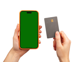 Mobile phone, phone screen mockup, bank app, card isolated on white