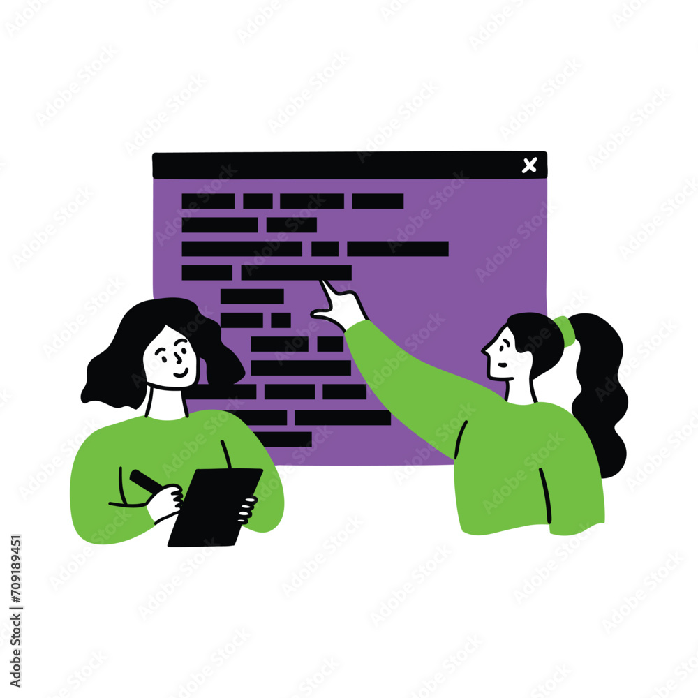 Wall mural Cartoon Color Web Development Concept Scene with Characters Girls Script Coding Flat Design Style. Vector illustration