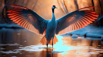 An elegant sandhill crane gracefully wading through shallow snow, its outstretched wings catching the sunlight in a dazzling display. - Powered by Adobe