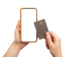 Mobile phone screen mock up, paying with bank plastic credit card isolated on white background