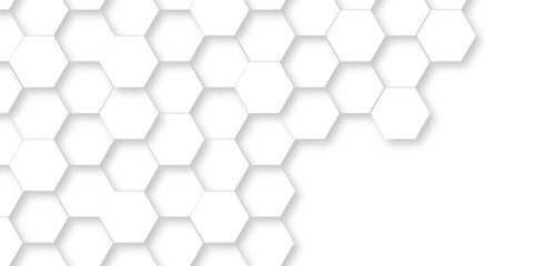 Abstract 3d hexagons white Hexagonal background with white hexagons. Geometric futuristic technology honeycomb backdrop mesh cell vector. 3d white hexagon  grid tile structure mesh background.