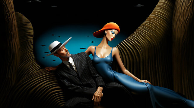 A stylized couple with exaggerated features, dressed in 20th-century fashion, set against a surreal backdrop with a mysterious, cinematic feel. Art concept. AI generated.