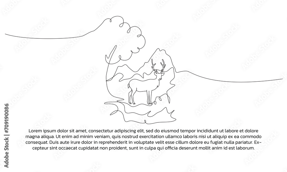 Poster view of deer in a conservation area one continuous line design. decorative elements drawn on a white