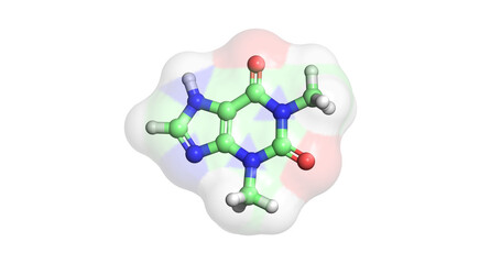 Theophylline, drug for asthma, COPD, and other lung conditions, also tea caffeine,  3D molecule 4K