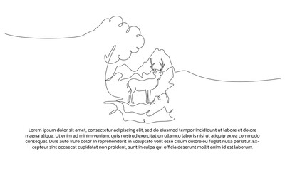 View of deer in a conservation area one continuous line design. Decorative elements drawn on a white background.