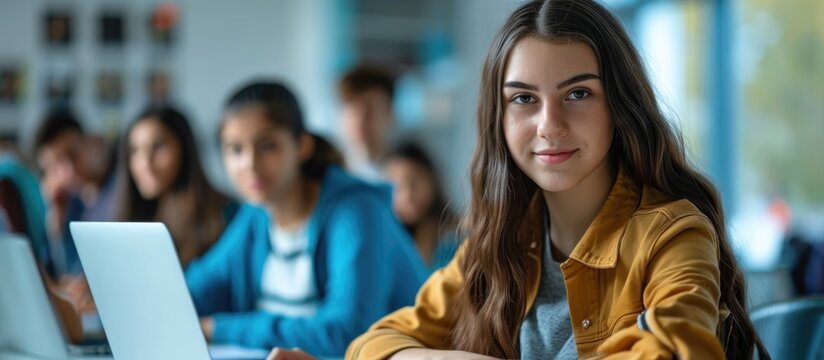Content college student in computer class, jotting notes while glancing at camera.