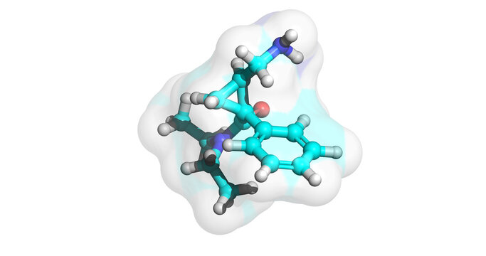 
Milnacipran, SNRI drug for treatment of fibromyalgia and major depressive disorder, 3D molecule 4K