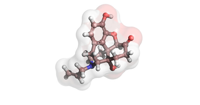 Naloxone, drug used to reverse opioid overdose, 3D molecule 4K