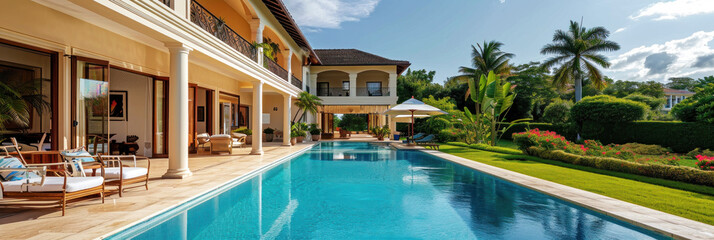 Fototapeta na wymiar Banner with luxury villa with large swimming pool