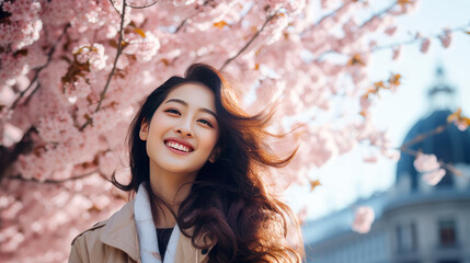 Modern happy young smiling Asian woman girl on the background of blooming pink cherry trees and metropolis city. - Powered by Adobe