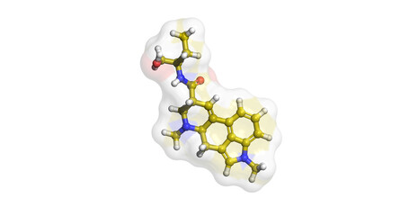 Methysergide, drug for migraine and cluster headaches, 3D molecule 4K 