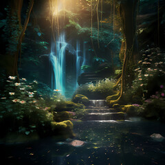 
Enchanted waterfall in a magical forest.