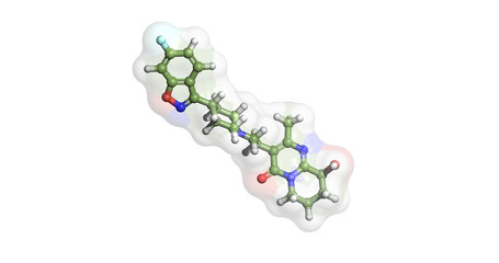 Paliperidone, antipsychotic drug for schizophrenia schizoaffective or delusional disorders, 3D molecule 4K
