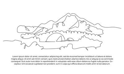 View of a camping atmosphere in the mountains one continuous line design. Decorative elements drawn on a white background.