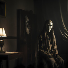 Enigmatic masked figure in a dimly lit room.