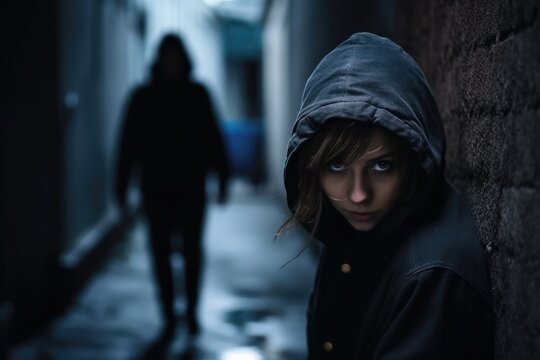 A woman hides in a dark alley from a man.