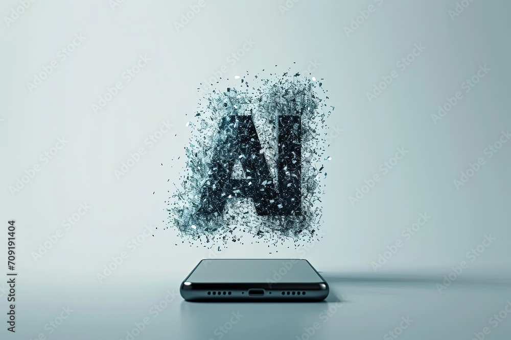 Poster AI letters disintegrating into particles above smartphone, digital data and technology evolution