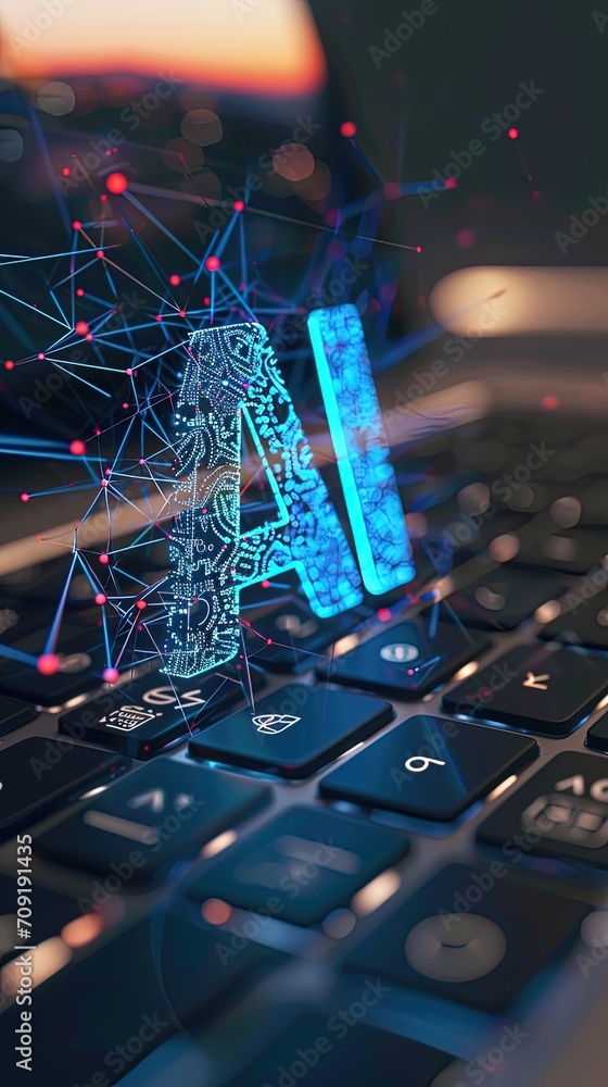 Poster Futuristic AI representation with glowing neural network on laptop keyboard, tech innovation.