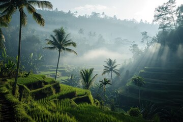 Fototapeta na wymiar Sunrays piercing through mist over green rice terraces in Bali, showcasing nature's tranquility