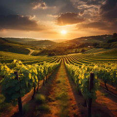 Lush vineyard in the golden hour - obrazy, fototapety, plakaty