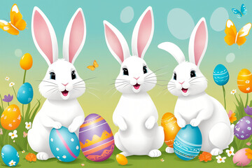 White Easter bunny rabbits in different poses and Easter eggs illustration on the color background. Generative Ai