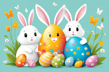 White Easter bunny rabbits in different poses and Easter eggs illustration on the color background. Generative Ai