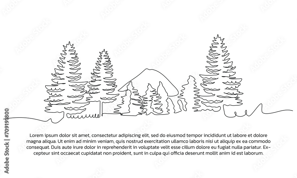 Poster view of pine trees in the mountains one continuous line design. decorative elements drawn on a white