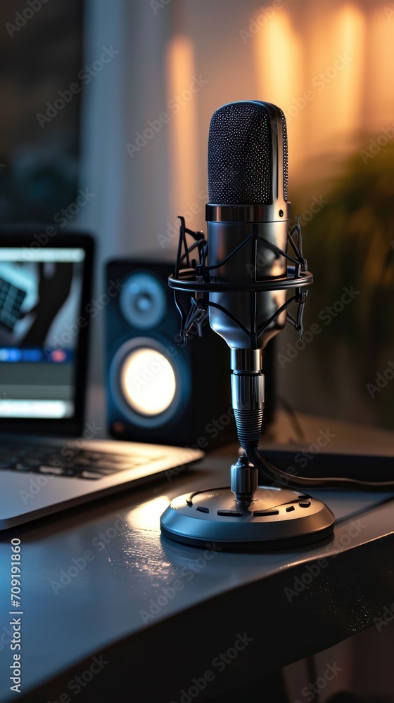Poster sleek podcast recording setup with microphone and laptop in a home studio, warm backlighting