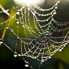Macro shot of a spiderweb covered in dew.