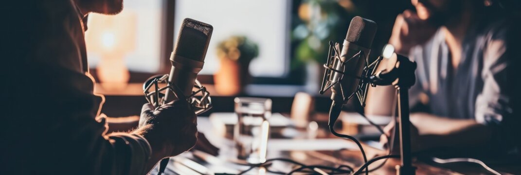 Silhouette of two man recording podcast with microphones, laptop in natural light-filled studio