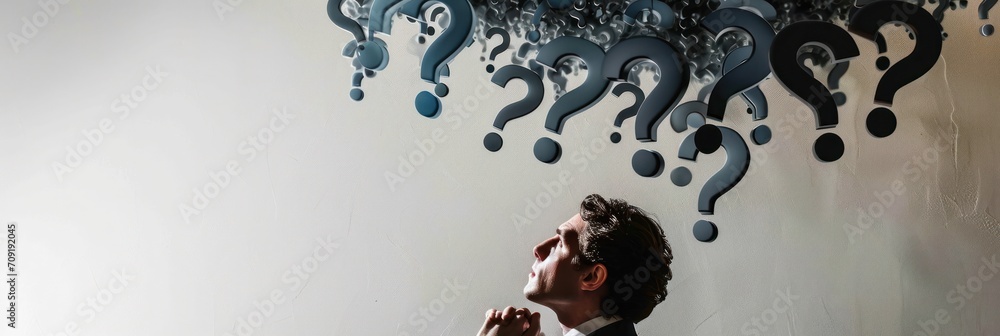 Poster businessman with cloud of question marks above, depicting strategic thinking and problem-solving